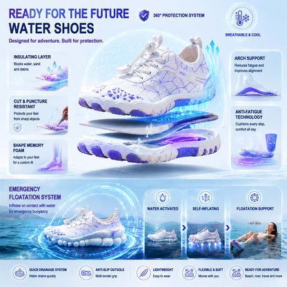 Unisex Barefoot Water Shoes | Inflatable Self-Rescue System | Treats Athlete’s Foot | Memory Foam Arch Support | Waterproof, Breathable & Sand-Resistant | Ultra-Lightweight Quick-Drying Aqua Shoes