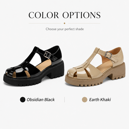 Women’s Arch-Support Chunky Platform Mary Jane Fisherman Sandals, Glossy Patent Leather T-Strap Caged Shoes with Posture-Lifting Fit, Foot-Friendly Comfort, Adjustable Buckle & 2–3cm Slimmer-Looking Lug Sole