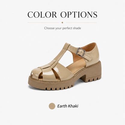 Women’s Arch-Support Chunky Platform Mary Jane Fisherman Sandals, Glossy Patent Leather T-Strap Caged Shoes with Posture-Lifting Fit, Foot-Friendly Comfort, Adjustable Buckle & 2–3cm Slimmer-Looking Lug Sole