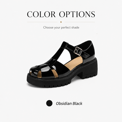 Women’s Arch-Support Chunky Platform Mary Jane Fisherman Sandals, Glossy Patent Leather T-Strap Caged Shoes with Posture-Lifting Fit, Foot-Friendly Comfort, Adjustable Buckle & 2–3cm Slimmer-Looking Lug Sole