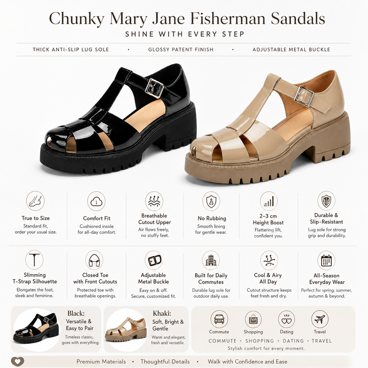 Women’s Arch-Support Chunky Platform Mary Jane Fisherman Sandals, Glossy Patent Leather T-Strap Caged Shoes with Posture-Lifting Fit, Foot-Friendly Comfort, Adjustable Buckle & 2–3cm Slimmer-Looking Lug Sole