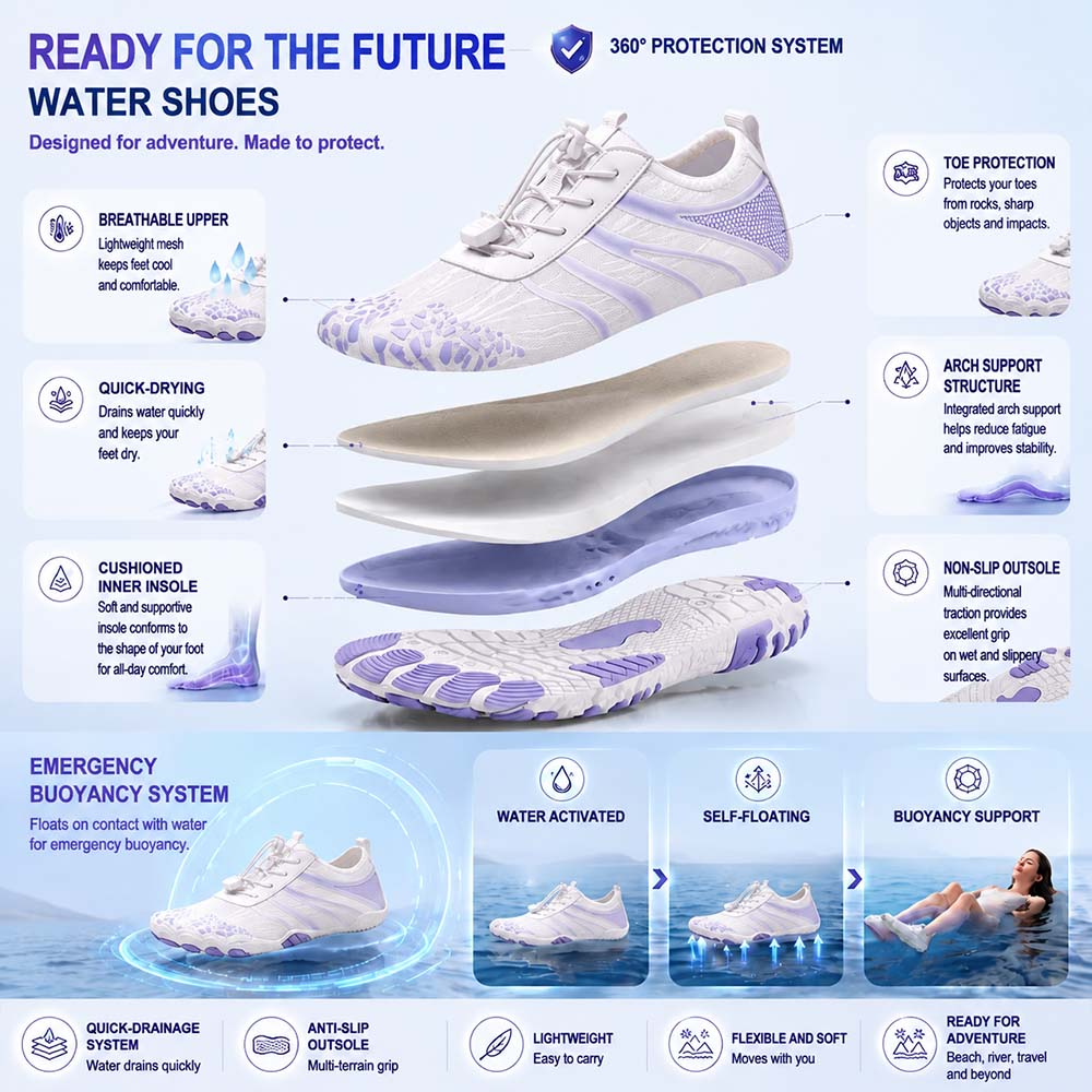 Unisex Barefoot Water Shoes | Inflatable Self-Rescue System | Treats Athlete’s Foot | Memory Foam Arch Support | Waterproof, Breathable & Sand-Resistant | Ultra-Lightweight Quick-Drying Aqua Shoes