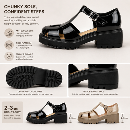 Women’s Arch-Support Chunky Platform Mary Jane Fisherman Sandals, Glossy Patent Leather T-Strap Caged Shoes with Posture-Lifting Fit, Foot-Friendly Comfort, Adjustable Buckle & 2–3cm Slimmer-Looking Lug Sole