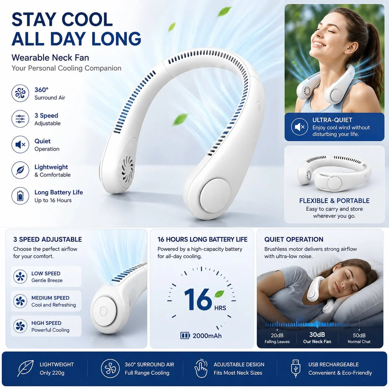 💨Vaneless Neck Hanging Fan – Rechargeable Hands-Free Personal Cooling Fan with 3 Speed Modes