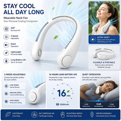 💨Vaneless Neck Hanging Fan – Rechargeable Hands-Free Personal Cooling Fan with 3 Speed Modes